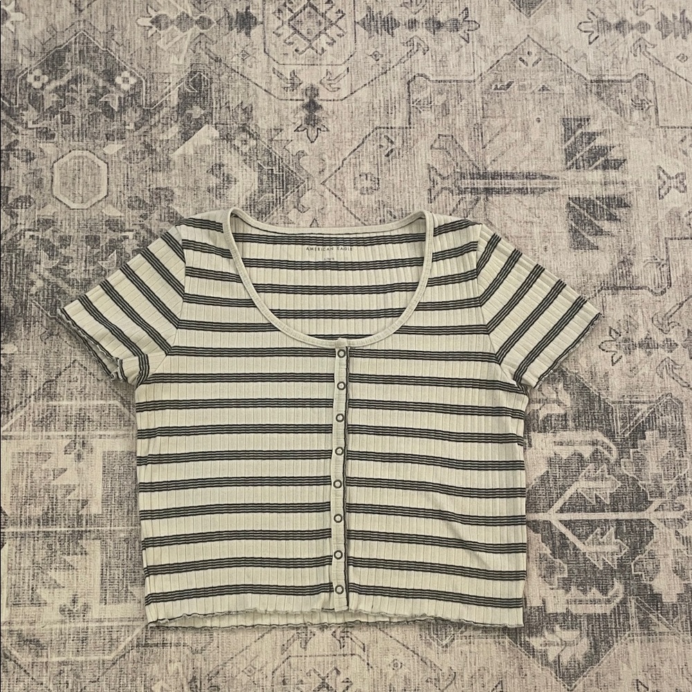 American Eagle Outfitters Navy Blue and Cream Striped Crop Top
